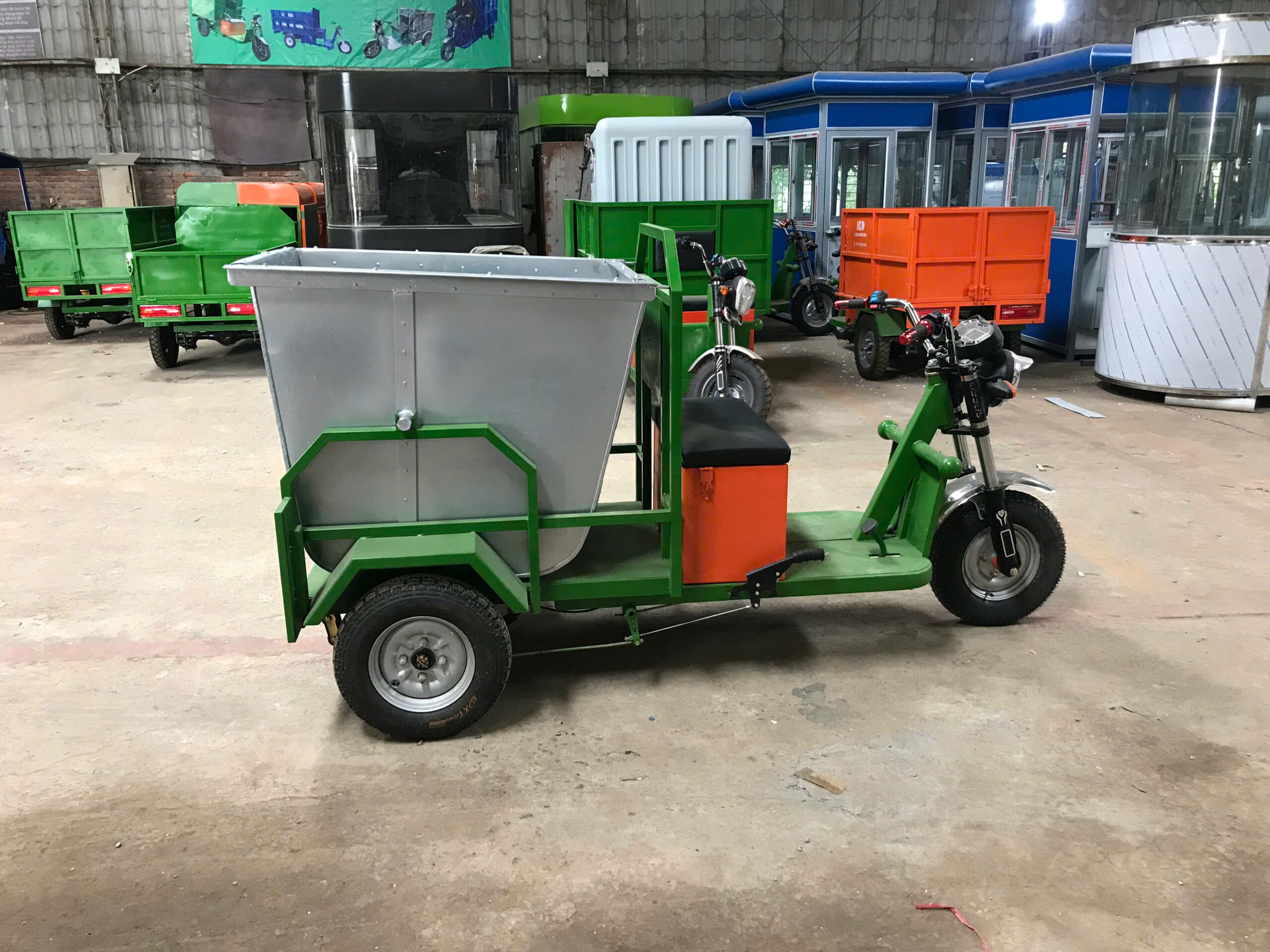 Xe Điện 3 Bánh Thu Gom Rác Thùng Ben Tự Đổ Mạ Kẽm/Inox