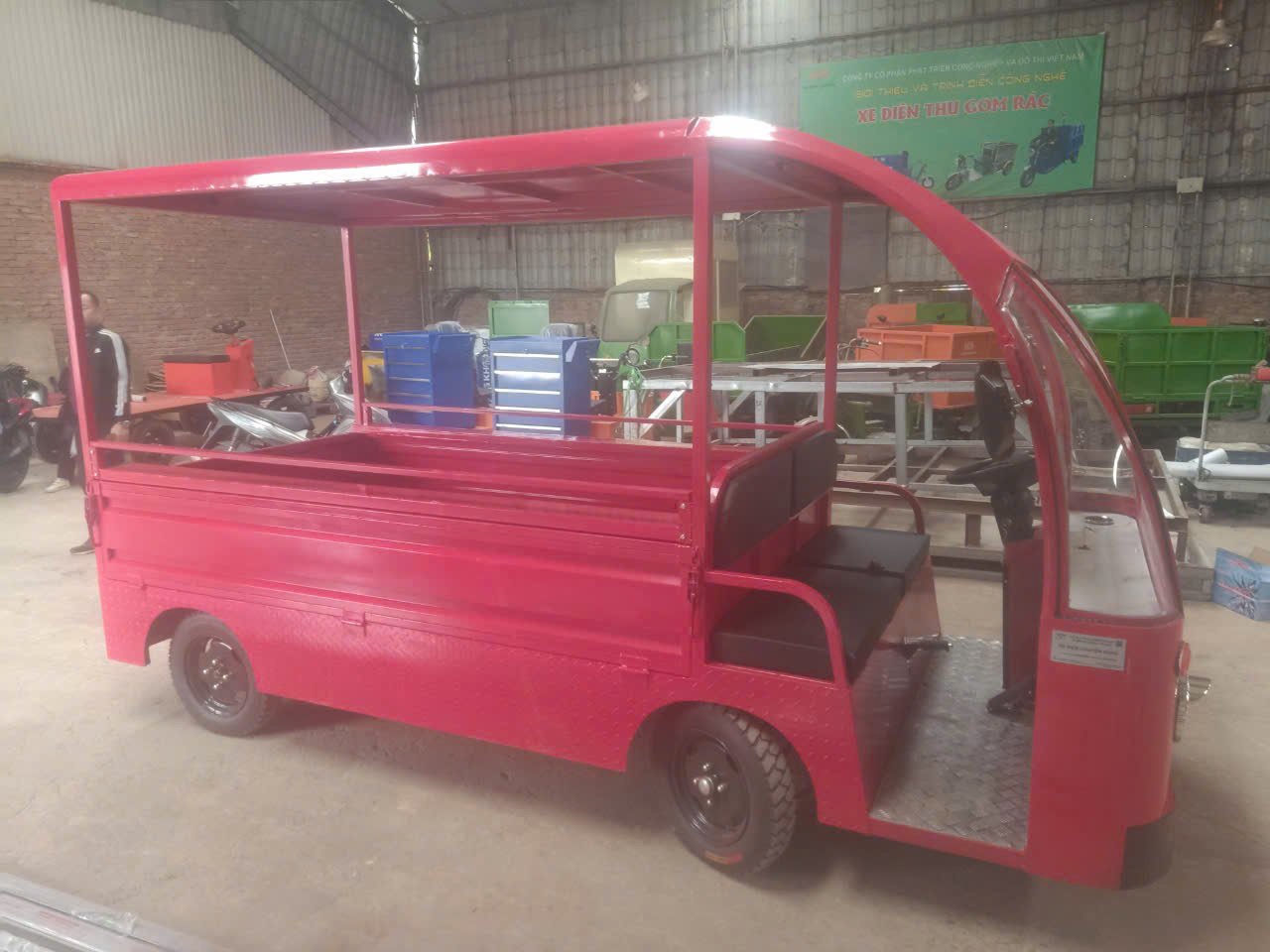 Xe Tải Điện Mini 4 Bánh Thùng Lửng Có Khung Mái Che